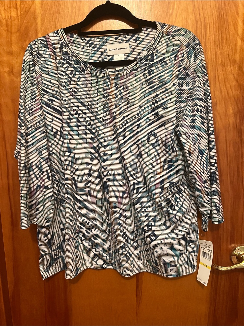 Alfred Dunner Navy, Teal & White Geometric-Print Sleeve Tunic